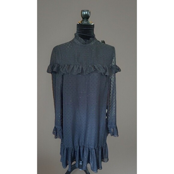 Betsey Johnson Black Rainbow Clip Dot Ruffled Dress High Neck Sheer Size 10 Midi - Picture 1 of 12
